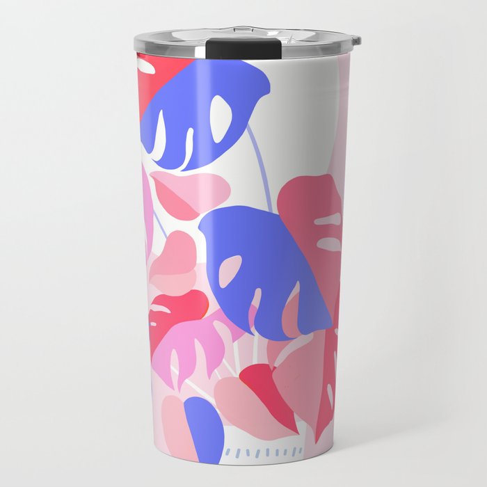 Pretty Monstera Plant in blue and pink Travel Mug Gallery Image 1