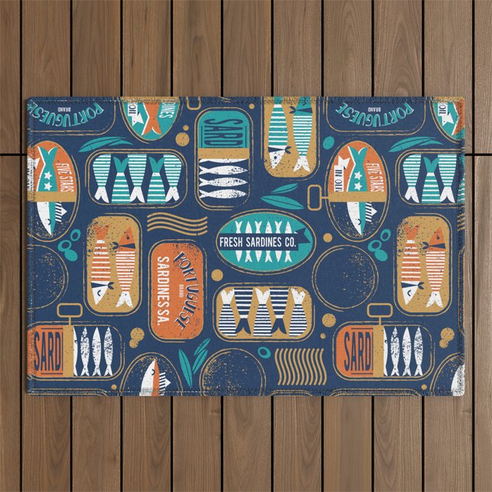 Vintage canned sardines // navy blue background peacock teal and gold drop orange cans  Outdoor Rug Gallery Image 1