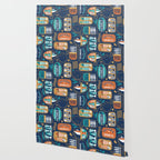 Vintage canned sardines // navy blue background peacock teal and gold drop orange cans  Wallpaper Gallery Image 2
