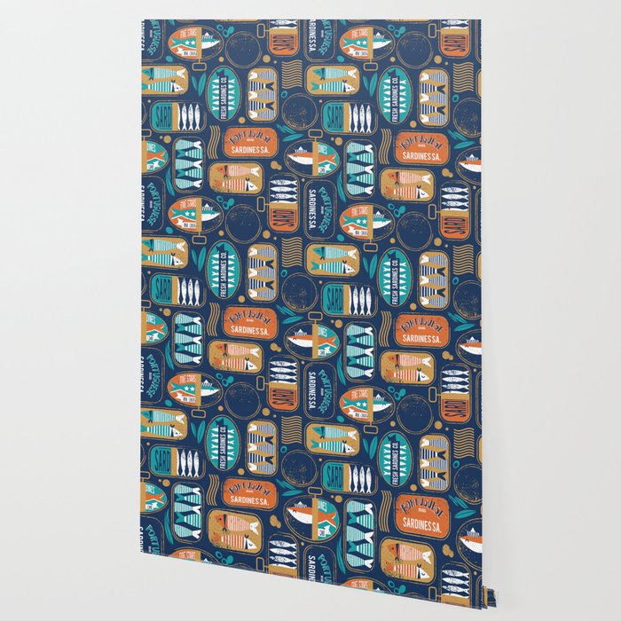 Vintage canned sardines // navy blue background peacock teal and gold drop orange cans  Wallpaper Gallery Image 2