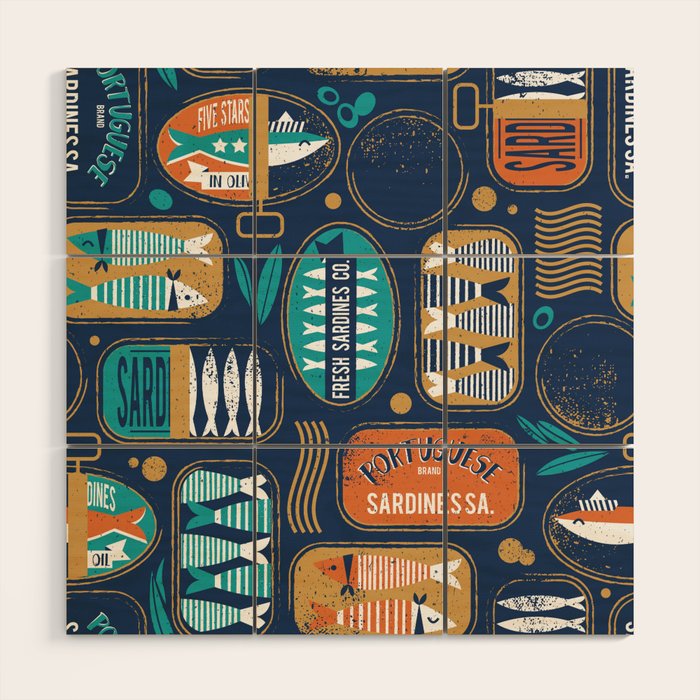 Vintage canned sardines // navy blue background peacock teal and gold drop orange cans  Wood Wall Art Gallery Image 1