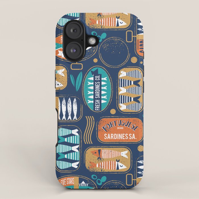 Vintage canned sardines // navy blue background peacock teal and gold drop orange cans  iPhone Case Gallery Image 1