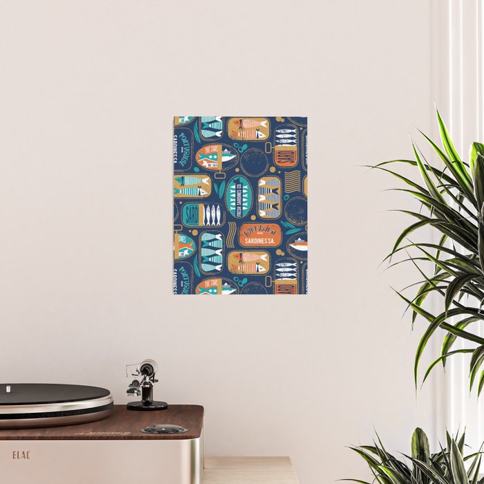 Vintage canned sardines // navy blue background peacock teal and gold drop orange cans  Poster Gallery Image 2