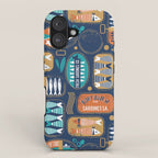 Vintage canned sardines // navy blue background peacock teal and gold drop orange cans  iPhone Case Gallery Image 1