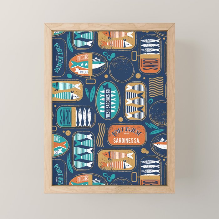 Vintage canned sardines // navy blue background peacock teal and gold drop orange cans  Mini Art Print Gallery Image 1