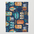 Vintage canned sardines // navy blue background peacock teal and gold drop orange cans  Poster Gallery Image 4