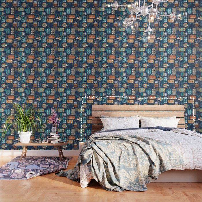 Vintage canned sardines // navy blue background peacock teal and gold drop orange cans  Wallpaper Gallery Image 3