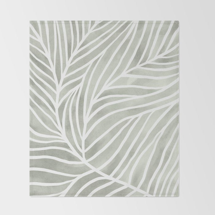 Sage green leaf line art Throw Blanket Gallery Image 2