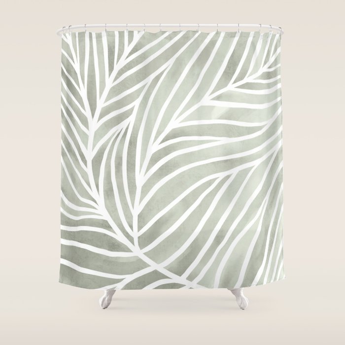 Sage green leaf line art Shower Curtain Gallery Image 1