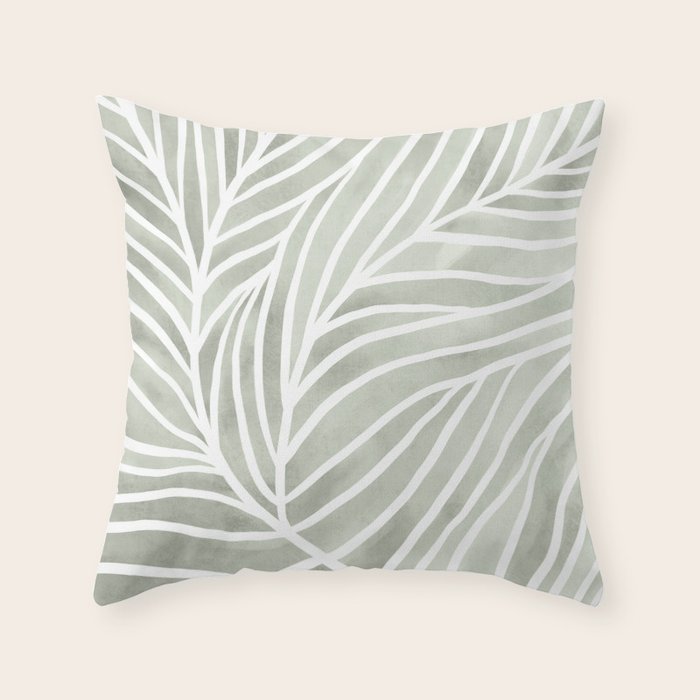Sage green leaf line art Throw Pillow Gallery Image 1
