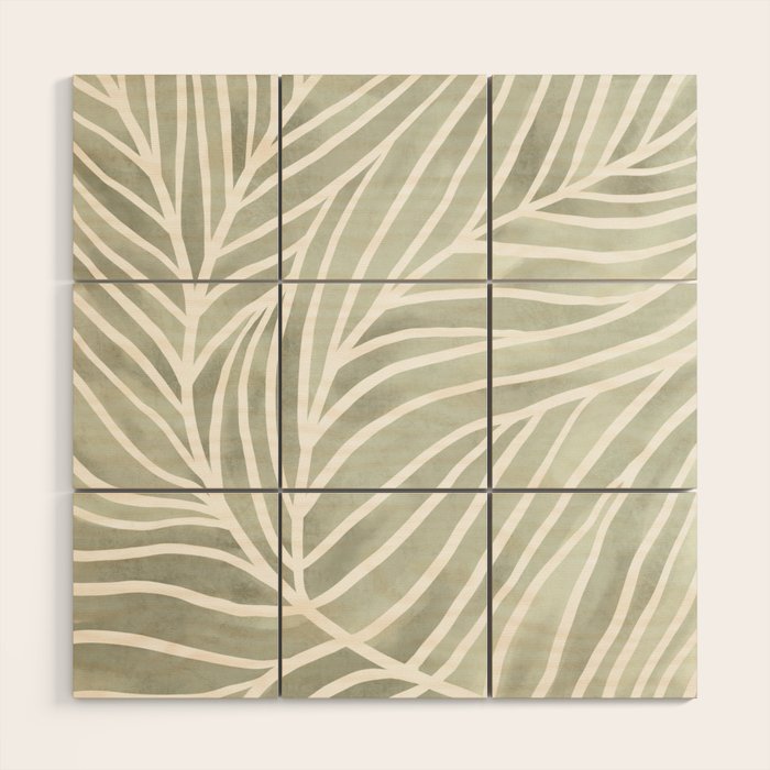 Sage green leaf line art Wood Wall Art Gallery Image 1