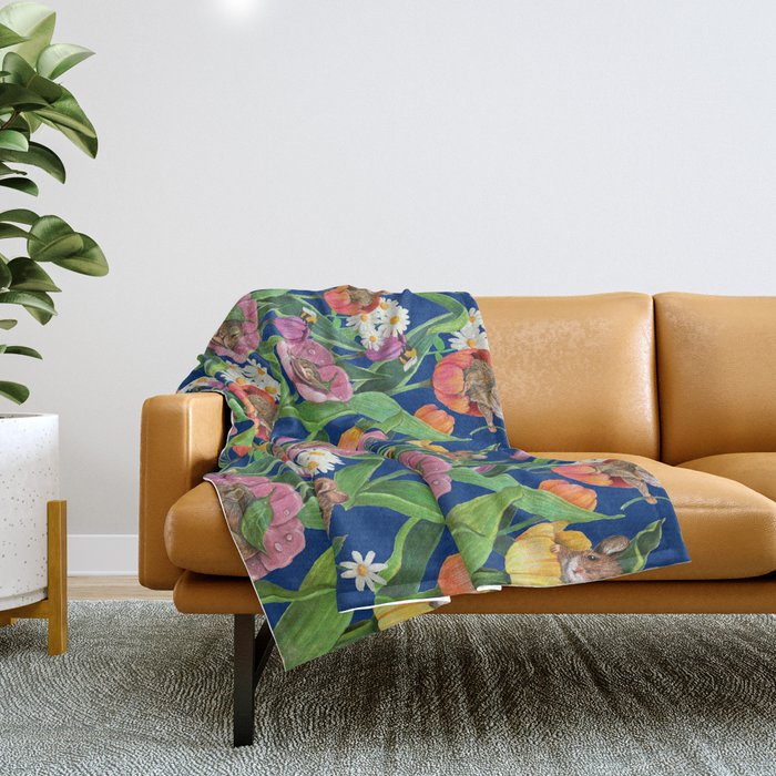 Spring Tulips with Cute Mouse - blue Throw Blanket Gallery Image 1