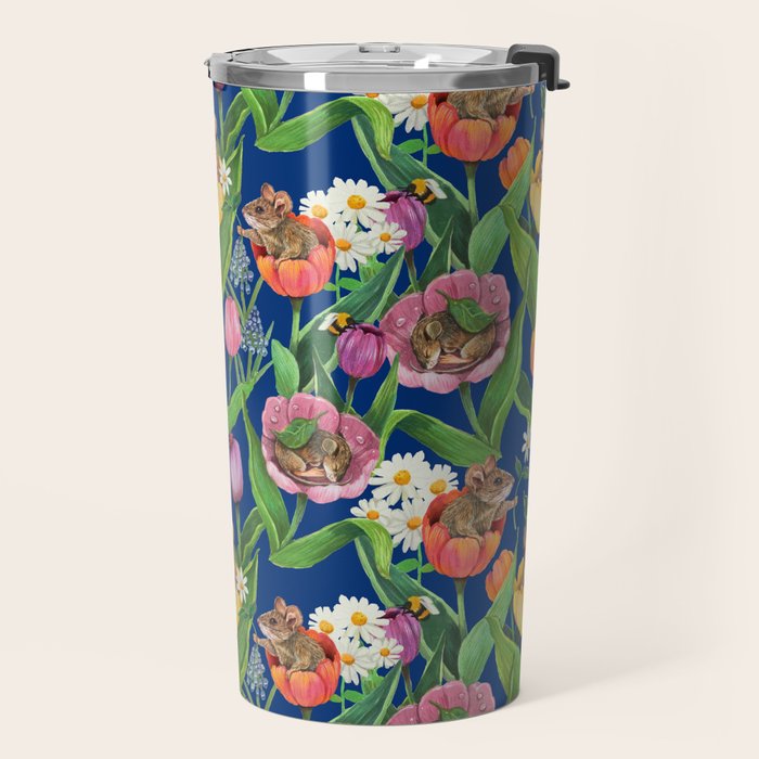 Spring Tulips with Cute Mouse - blue Travel Mug Gallery Image 2