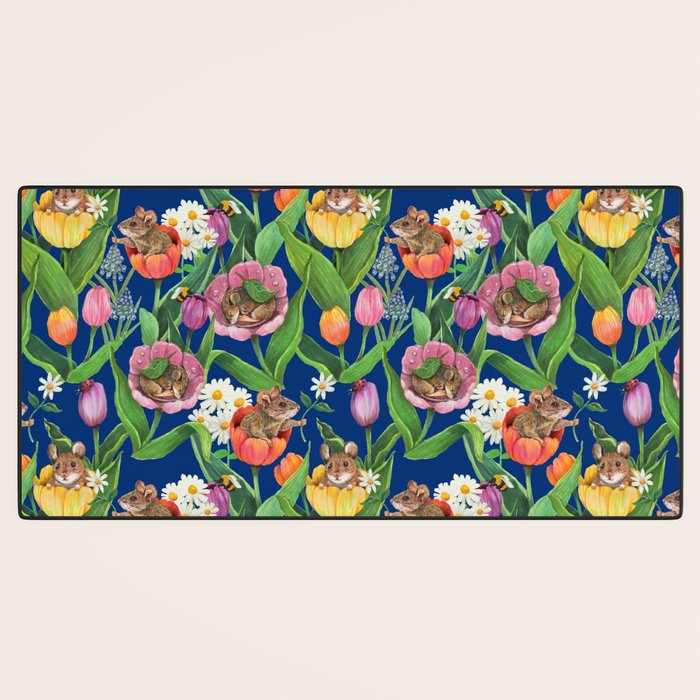 Spring Tulips with Cute Mouse - blue Desk Mat Gallery Image 3