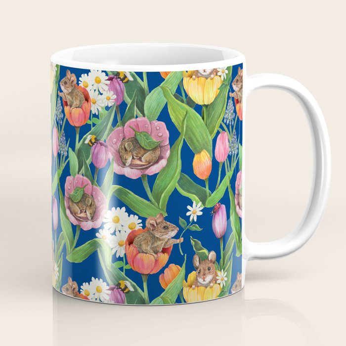 Spring Tulips with Cute Mouse - blue Coffee Mug Gallery Image 1