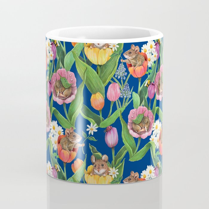 Spring Tulips with Cute Mouse - blue Coffee Mug Gallery Image 4
