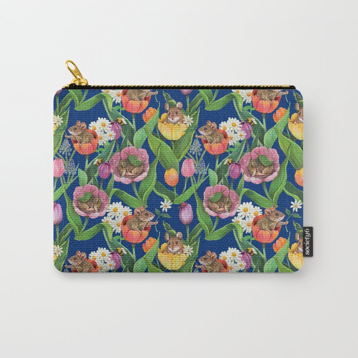 Spring Tulips with Cute Mouse - blue Carry All Pouch Gallery Image 1