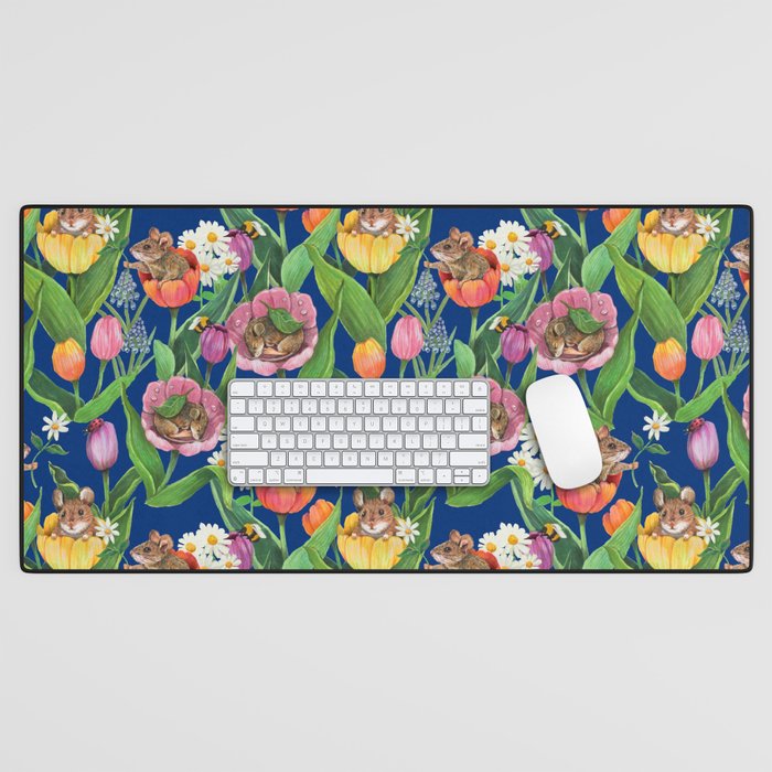 Spring Tulips with Cute Mouse - blue Desk Mat Gallery Image 1