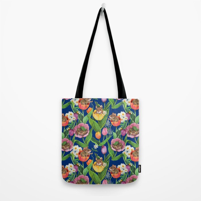 Spring Tulips with Cute Mouse - blue Tote Bag Gallery Image 2