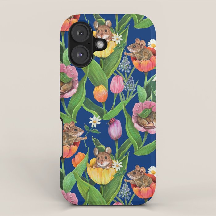 Spring Tulips with Cute Mouse - blue iPhone Case Gallery Image 1
