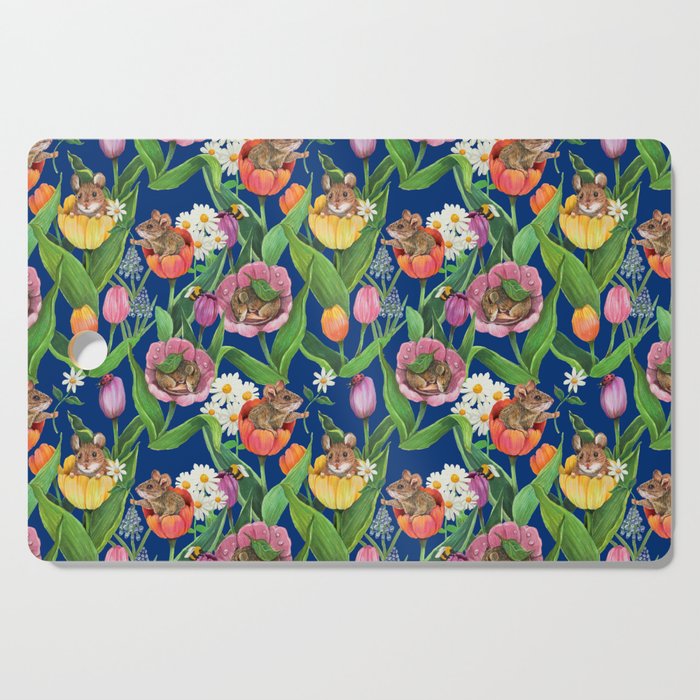 Spring Tulips with Cute Mouse - blue Cutting Board Gallery Image 1