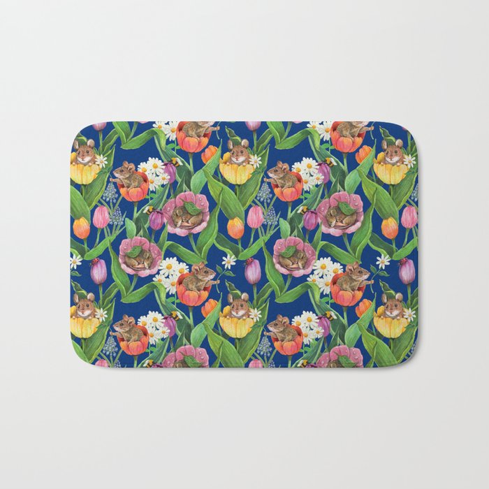 Spring Tulips with Cute Mouse - blue Bath Mat Gallery Image 1