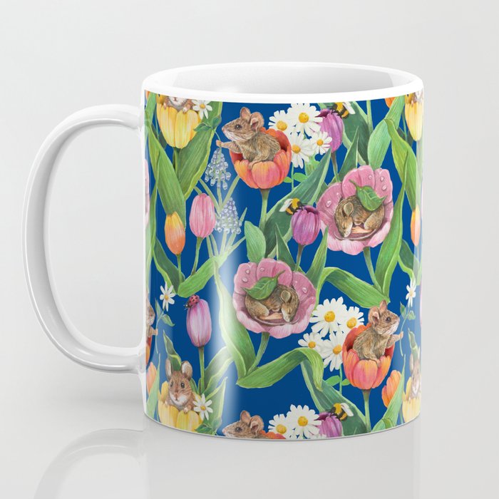Spring Tulips with Cute Mouse - blue Coffee Mug Gallery Image 3