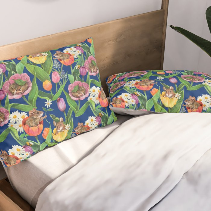 Spring Tulips with Cute Mouse - blue Pillow Sham Gallery Image 2