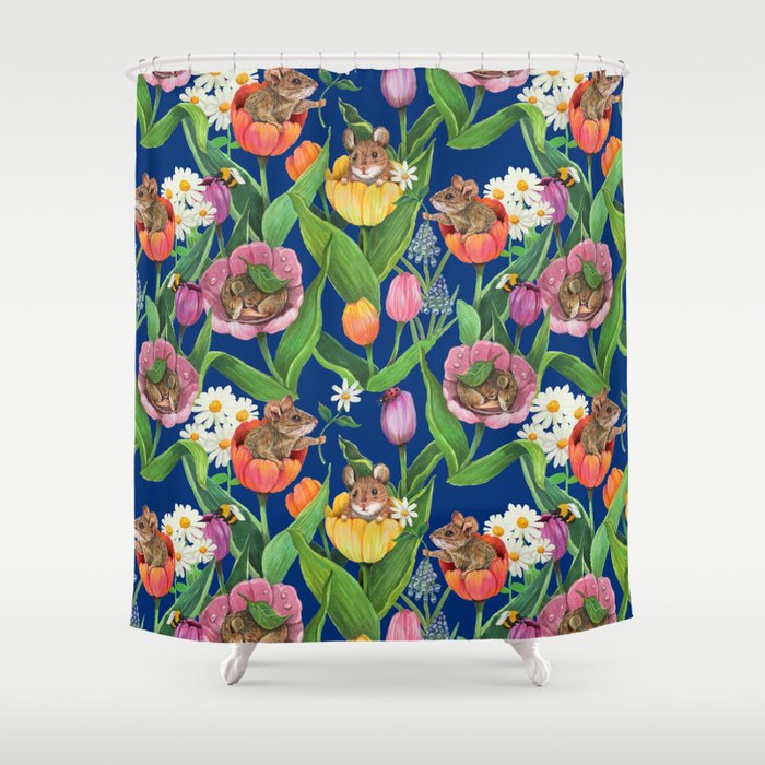Spring Tulips with Cute Mouse - blue Shower Curtain Gallery Image 1