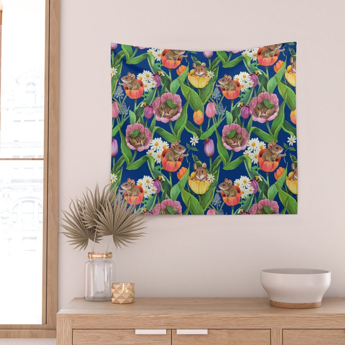 Spring Tulips with Cute Mouse - blue Wall Tapestry Gallery Image 2