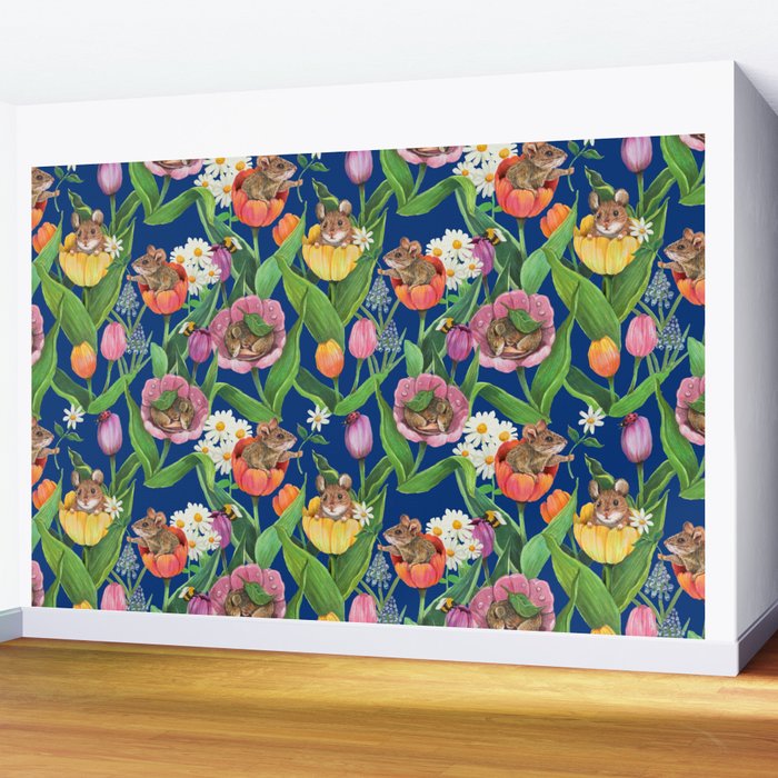 Spring Tulips with Cute Mouse - blue Wall Mural Gallery Image 2