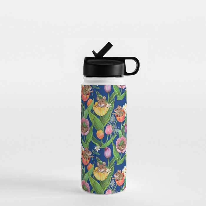 Spring Tulips with Cute Mouse - blue Water Bottle Gallery Image 1