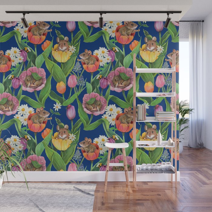 Spring Tulips with Cute Mouse - blue Wall Mural Gallery Image 1