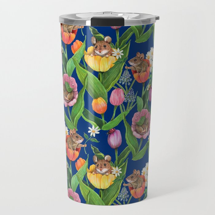 Spring Tulips with Cute Mouse - blue Travel Mug Gallery Image 1