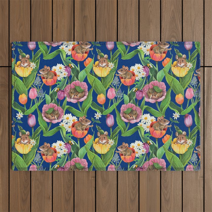 Spring Tulips with Cute Mouse - blue Outdoor Rug Gallery Image 1