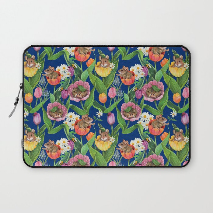 Spring Tulips with Cute Mouse - blue Laptop Sleeve Gallery Image 1