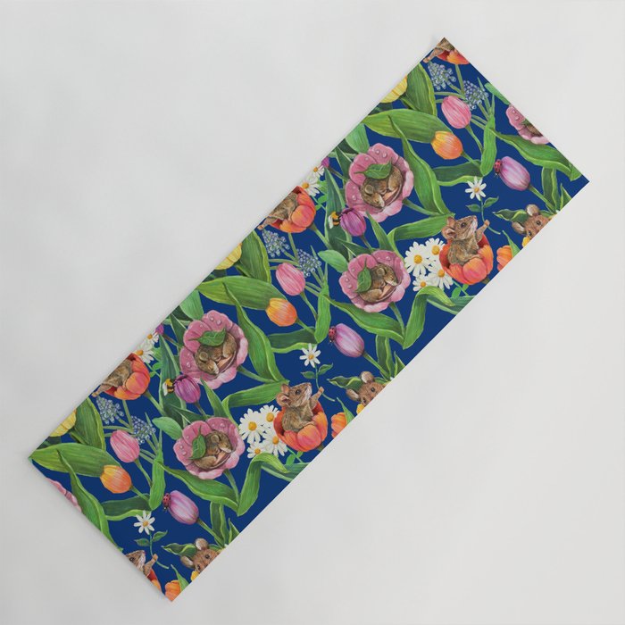 Spring Tulips with Cute Mouse - blue Yoga Mat Gallery Image 1