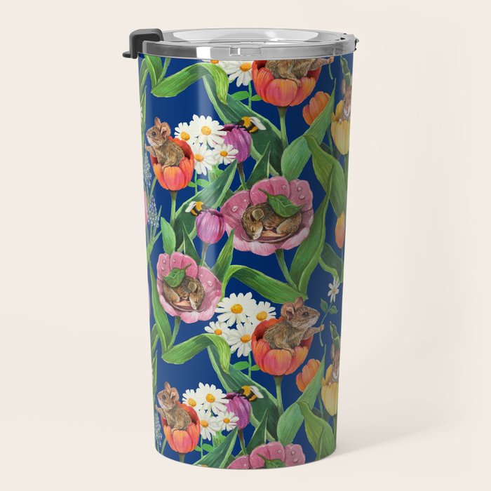 Spring Tulips with Cute Mouse - blue Travel Mug Gallery Image 3