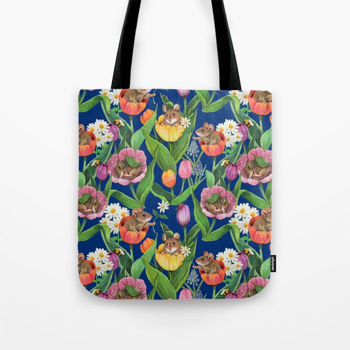 Spring Tulips with Cute Mouse - blue Tote Bag Gallery Image 1