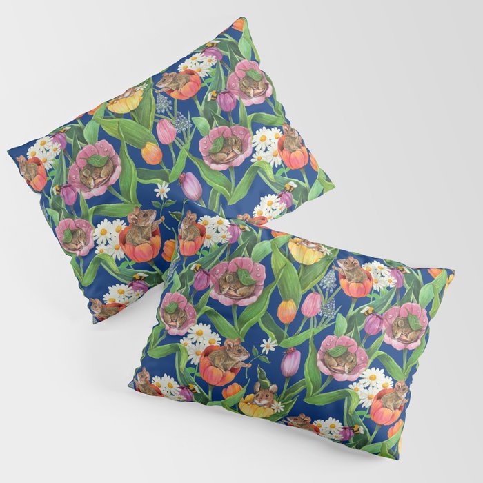 Spring Tulips with Cute Mouse - blue Pillow Sham Gallery Image 3