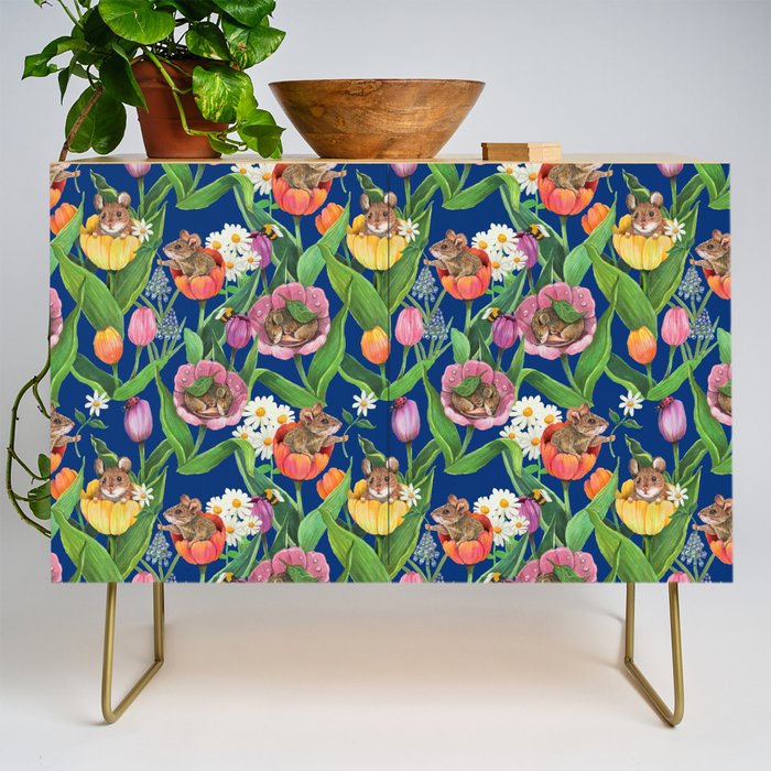 Spring Tulips with Cute Mouse - blue Credenza Gallery Image 1