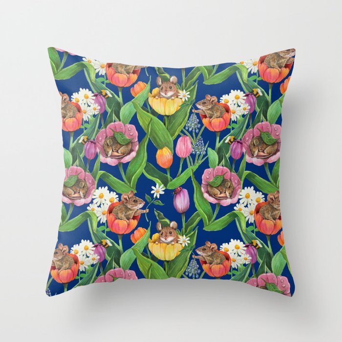 Spring Tulips with Cute Mouse - blue Throw Pillow Gallery Image 6