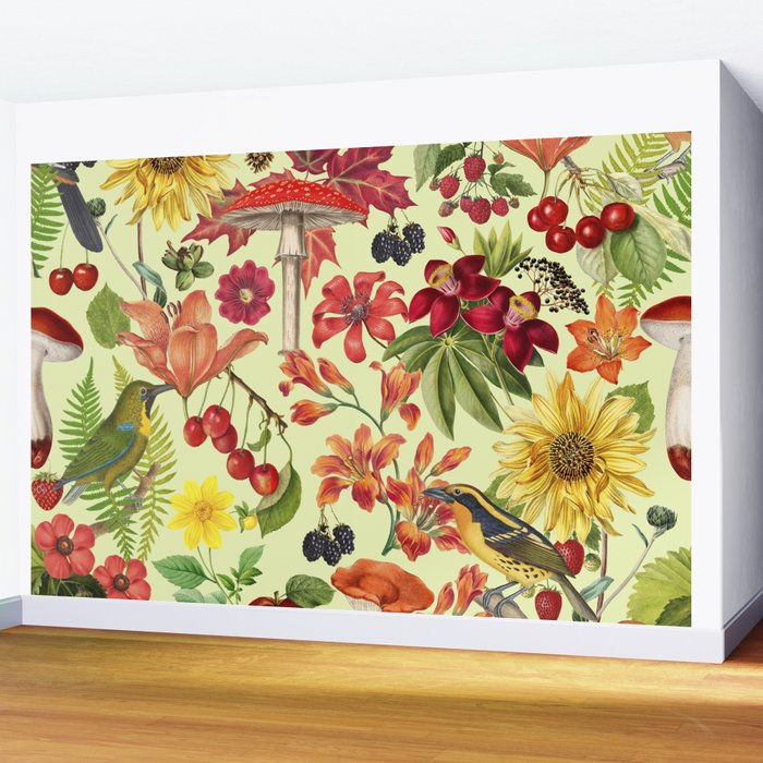 Autumns Delight Botanical Pattern With Birds On Green Wall Mural Gallery Image 2