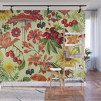 Autumns Delight Botanical Pattern With Birds On Green Wall Mural Gallery Image 1