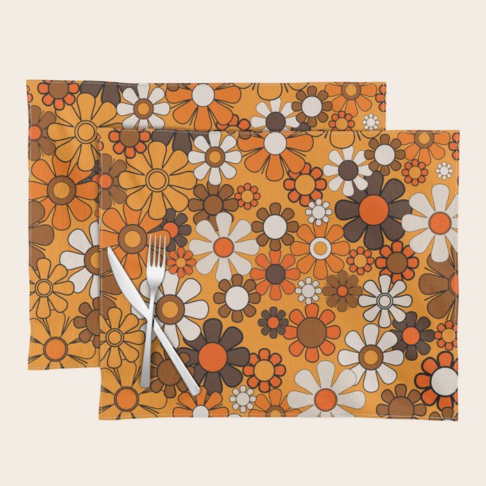 Groovy 70s Retro Garden Floral Orange and Brown Pattern Placemat Gallery Image 1