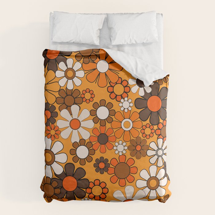 Groovy 70s Retro Garden Floral Orange and Brown Pattern Duvet Cover Gallery Image 6