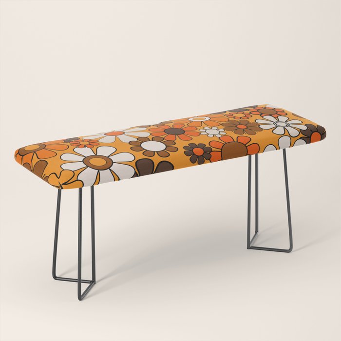 Groovy 70s Retro Garden Floral Orange and Brown Pattern Bench Gallery Image 1