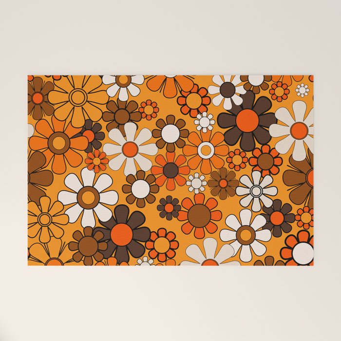 Groovy 70s Retro Garden Floral Orange and Brown Pattern Welcome Mat Gallery Image 1