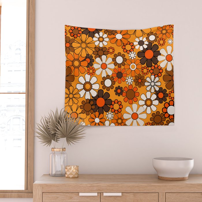 Groovy 70s Retro Garden Floral Orange and Brown Pattern Wall Tapestry Gallery Image 2