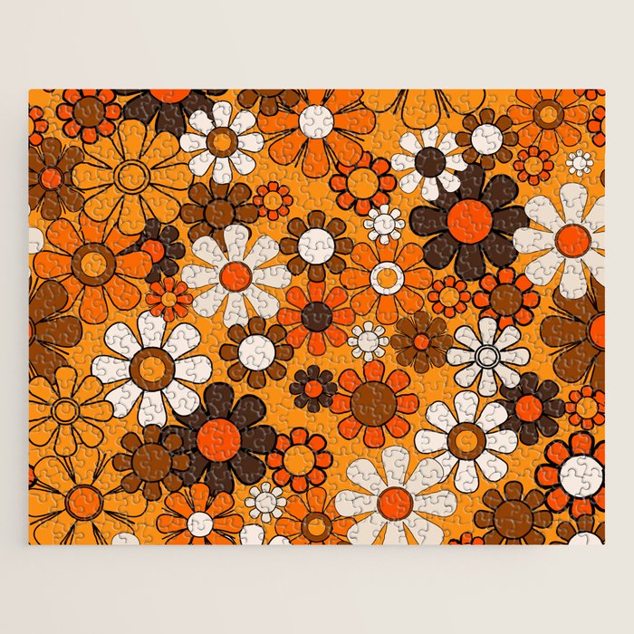 Groovy 70s Retro Garden Floral Orange and Brown Pattern Jigsaw Puzzle Gallery Image 1